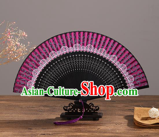 Handmade Chinese Printing Pink Lace Ebony Fan Traditional Classical Dance Accordion Fans Folding Fan