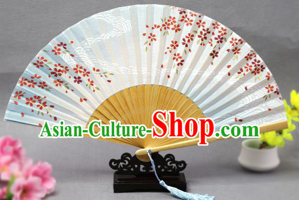 Handmade Chinese Printing Flow Sakura Blue Fan Traditional Classical Dance Accordion Fans Folding Fan