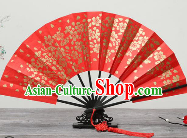Handmade Chinese Printing Golden Sakura Red Fan Traditional Classical Dance Accordion Fans Folding Fan