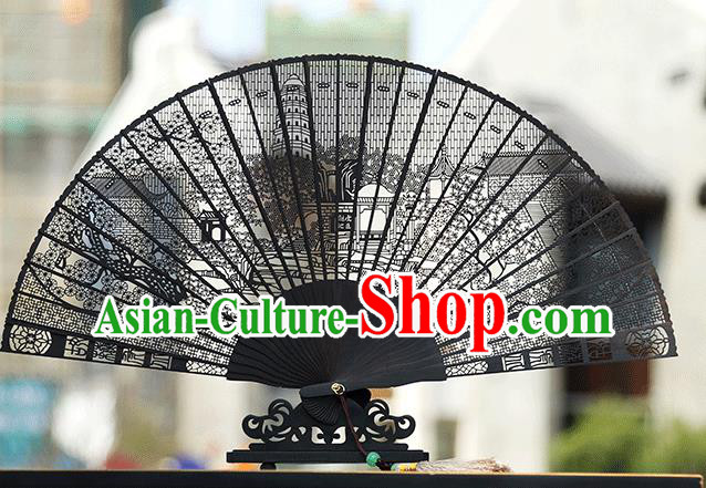 Handmade Chinese Carving Gusu Tiger Hill Ebony Fan Traditional Classical Dance Accordion Fans Folding Fan