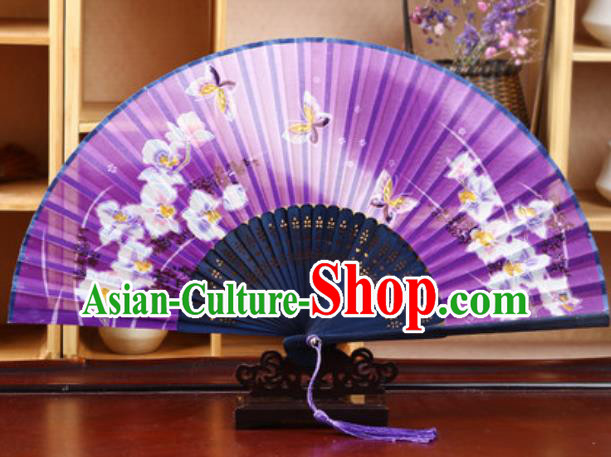 Handmade Chinese Printing Butterfly Purple Silk Fan Traditional Classical Dance Accordion Fans Folding Fan