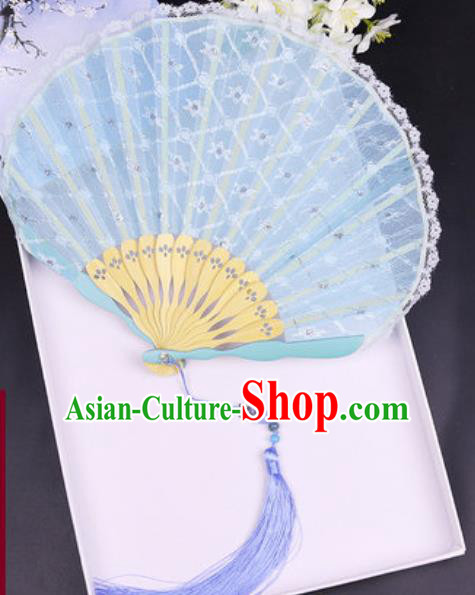 Handmade Chinese Light Blue Lace Fan Traditional Classical Dance Accordion Fans Folding Fan