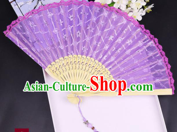 Handmade Chinese Purple Lace Fan Traditional Classical Dance Accordion Fans Folding Fan
