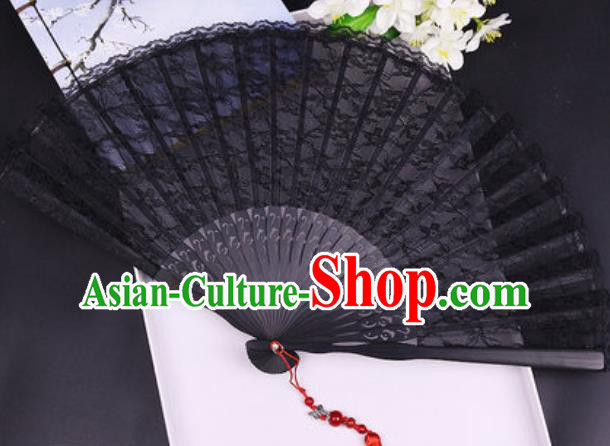 Handmade Chinese Black Lace Fan Traditional Classical Dance Accordion Fans Folding Fan