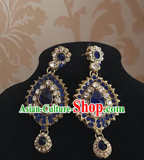 Indian Traditional Wedding Blue Crystal Earrings Asian India Bride Jewelry Accessories for Women