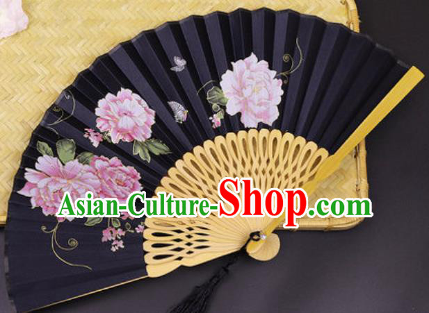 Handmade Chinese Printing Peony Black Silk Fan Traditional Classical Dance Accordion Fans Folding Fan