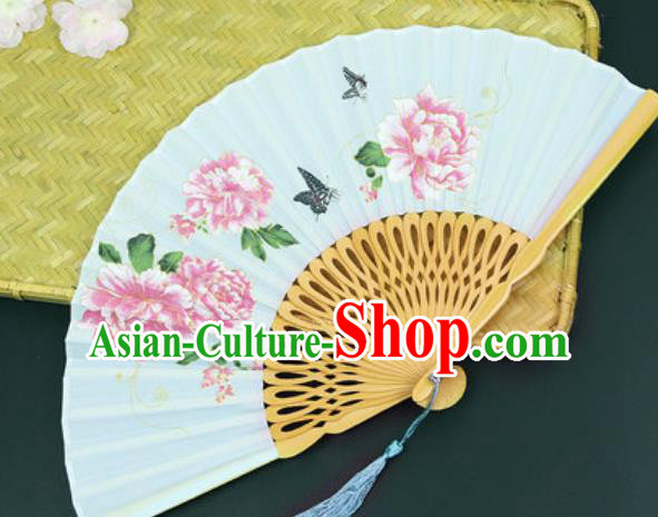 Handmade Chinese Printing Peony Light Green Silk Fan Traditional Classical Dance Accordion Fans Folding Fan