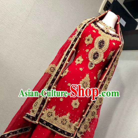 Indian Traditional Embroidered Red Lehenga Dress Asian Hui Nationality Bride Wedding Costume for Women