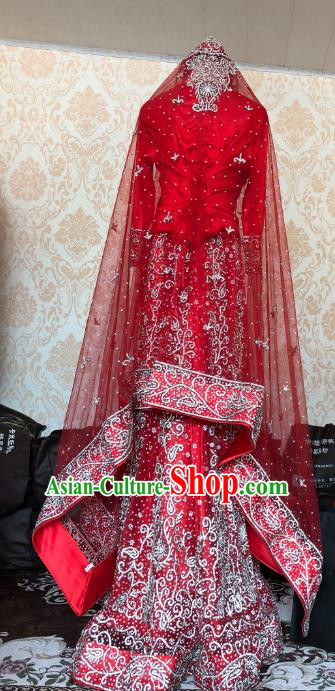 Indian Traditional Wedding Costume Asian Hui Nationality Bride Embroidered Red Satin Lehenga Dress for Women