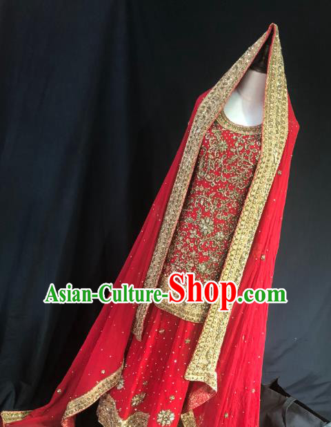Indian Traditional Wedding Embroidered Sequins Red Lehenga Dress Asian Hui Nationality Bride Costume for Women