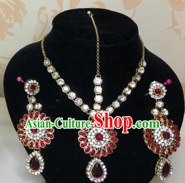 Indian Traditional Wedding Red Crsytal Eyebrows Pendant and Earrings Asian India Bride Headwear Jewelry Accessories for Women