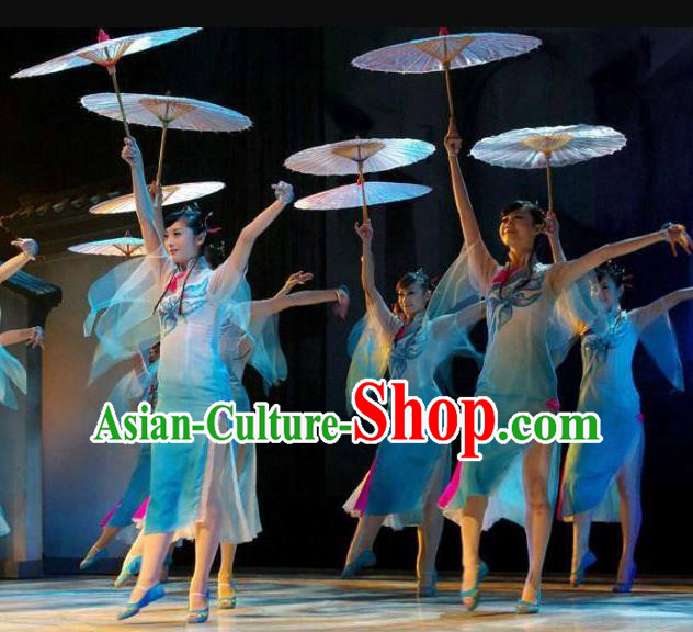 Chinese Yan Yu Xing Zhou Classical Dance Blue Dress Traditional Umbrella Dance Stage Performance Costume for Women
