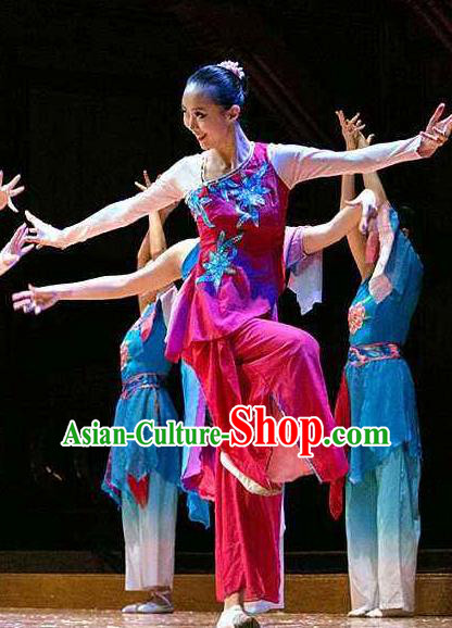 Red Coral Chinese Stage Performance Folk Dance Rosy Dress Traditional Fan Dance Costume for Women