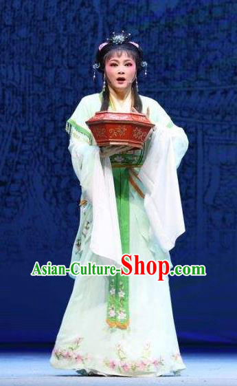 Chinese Shaoxing Opera Hua Tan Green Dress Costumes and Headpieces Palm Civet for Prince Yue Opera Actress Court Maid Kou Zhu Apparels Garment
