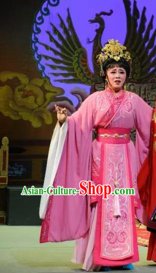 Chinese Shaoxing Opera Hua Tan Pink Hanfu Dress and Headdress Han Wen Empress Yue Opera Actress Garment Costumes Imperial Consort Apparels