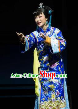 Chinese Shaoxing Opera Rich Dame Royalblue Dress Apparels and Hair Accessories Ling Long Nv Yue Opera Actress Garment Costumes
