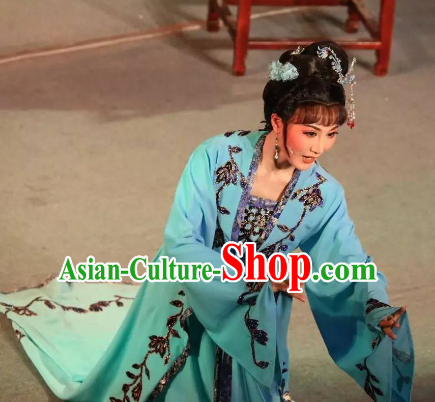 Chinese Shaoxing Opera Actress Young Female Blue Dress Garment and Hair Accessories Baihua River Yue Opera Hua Tan Cai Feng Costumes Apparels
