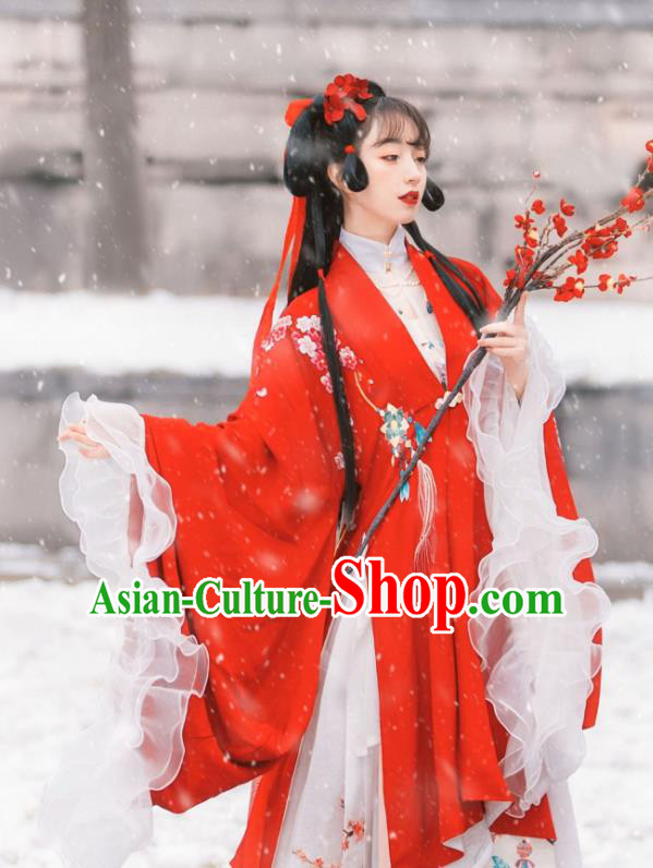Traditional Chinese Ming Dynasty Historical Costumes Hanfu Dress Ancient Noble Lady Garment Red Cloak