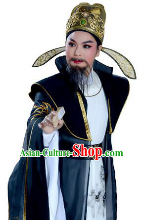 Lu Yu Wen Cha Chinese Yue Opera Laosheng Elderly Male Costumes Apparels and Headwear Shaoxing Opera Ministry Councillor Garment