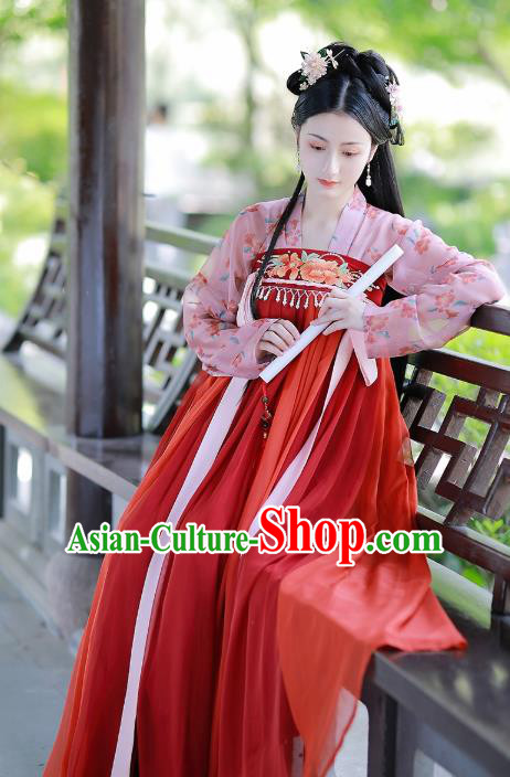 Traditional Chinese Tang Dynasty Embroidered Red Hanfu Dress Historical Costumes Ancient Court Lady Garment