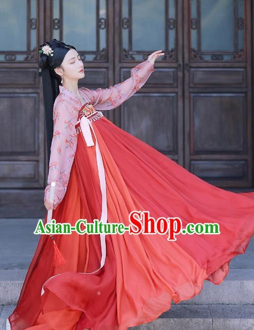 Traditional Chinese Tang Dynasty Embroidered Red Hanfu Dress Historical Costumes Ancient Court Lady Garment