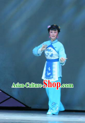 Chinese Shaoxing Opera Country Girl Blue Costumes and Headpieces Wu Gu Niang Yue Opera Xiaodan Garment Apparels
