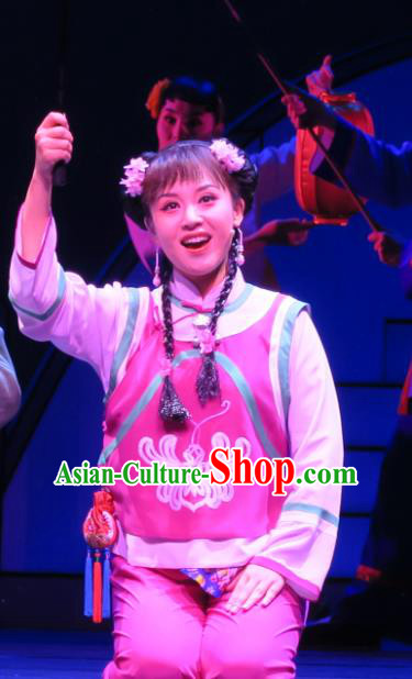Chinese Shaoxing Opera Xiaodan Young Lady Rosy Costumes and Headpieces Wu Gu Niang Yue Opera Garment Country Girl Apparels