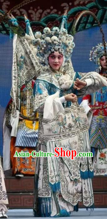 Chinese Shaoxing Opera Tao Ma Tan Mu Guiying Apparels Costumes and Headdress Bai Sui Gua Shuai Yue Opera Martial Female General Kao Armor Suit with Flags Garment