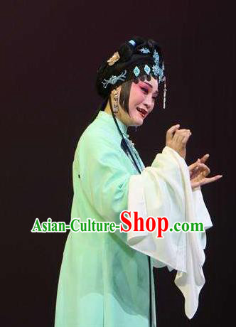 Chinese Kun Opera Young Female Li Ruoshui Green Dress Costumes and Headpieces Heros Kunqu Opera Hua Tan Garment Apparels