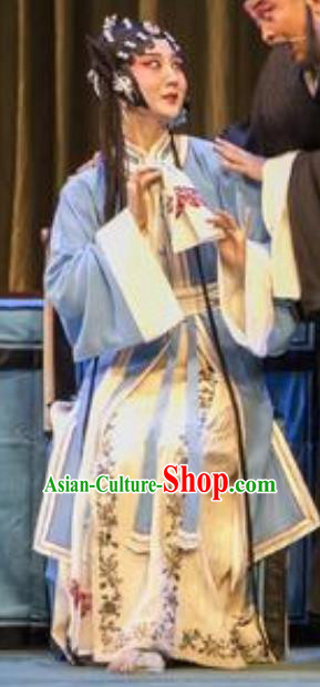 Chinese Kun Opera Young Female Blue Dress Apparels Costumes and Headpieces Lan Ke Mountain Kunqu Opera Hua Tan Garment