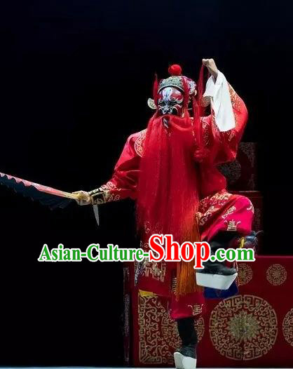 Burning Incense Chinese Kun Opera Wusheng Red Apparels Garment Costumes and Headwear Kunqu Opera Warrior Clothing