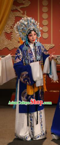 Chinese Kun Opera Actress Empress Blue Apparels Costumes and Headdress Jing Yang Zhong Traditional Kunqu Opera Queen Dress Hua Tan Garment