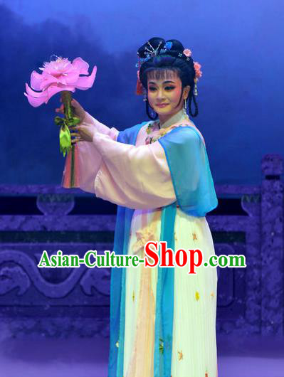 Chinese Shaoxing Opera Pi Shan Jiu Mu Young Lady Apparels Dress Costumes Yue Opera Actress Xiao Dan Garment and Hair Accessories