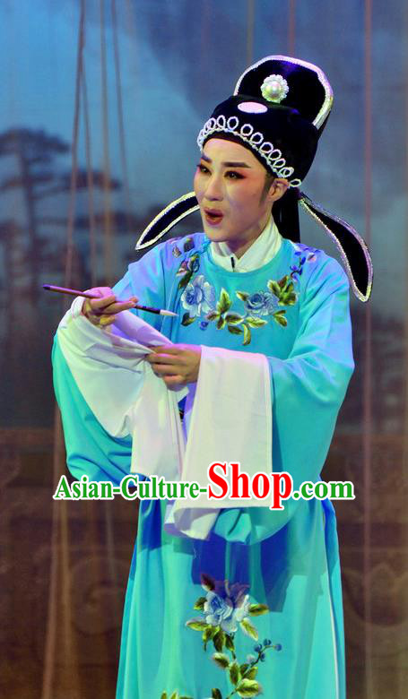 Chinese Yue Opera Young Male Apparels Pi Shan Jiu Mu Garment Shaoxing Opera Scholar Liu Yanchang Costumes Embroidered Robe and Hat