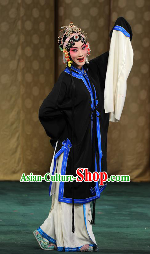 Chinese Kun Opera Tsing Yi Zou Feixia Costumes Apparels and Headpieces Yu Jia Le Traditional Kunqu Opera Distress Maiden Black Dress Garment