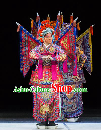 Chinese Kun Opera Young Man Military Officer Continue the Pipa Costumes and Headwear Kunqu Opera Garment Apparels General Rosy Kao Armor Suit with Flags