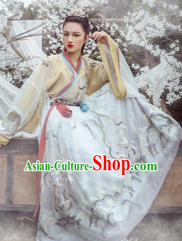 Traditional Chinese Jin Dynasty Noble Princess Historical Costumes Ancient Female Swordsman Embroidered Hanfu Dress