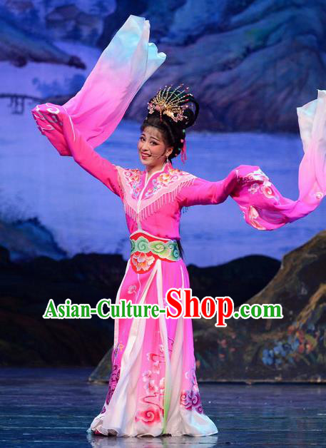 Chinese Huangmei Opera Hua Tan Apparels Costumes and Headpieces Goddess Marriage Traditional Anhui Opera Apsara Pink Dress Actress Garment