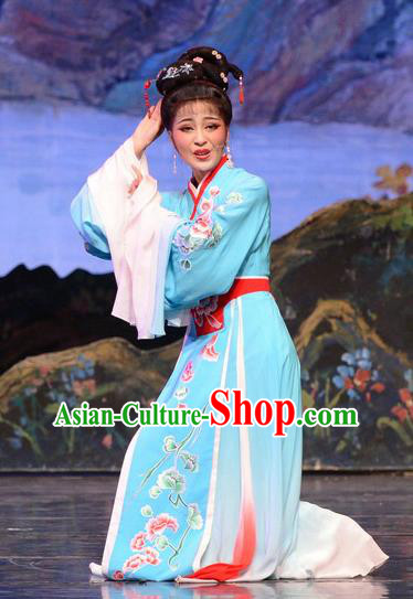 Chinese Huangmei Opera Apsara Apparels Costumes and Headpieces Goddess Marriage Traditional Anhui Opera Hua Tan Blue Dress Actress Garment