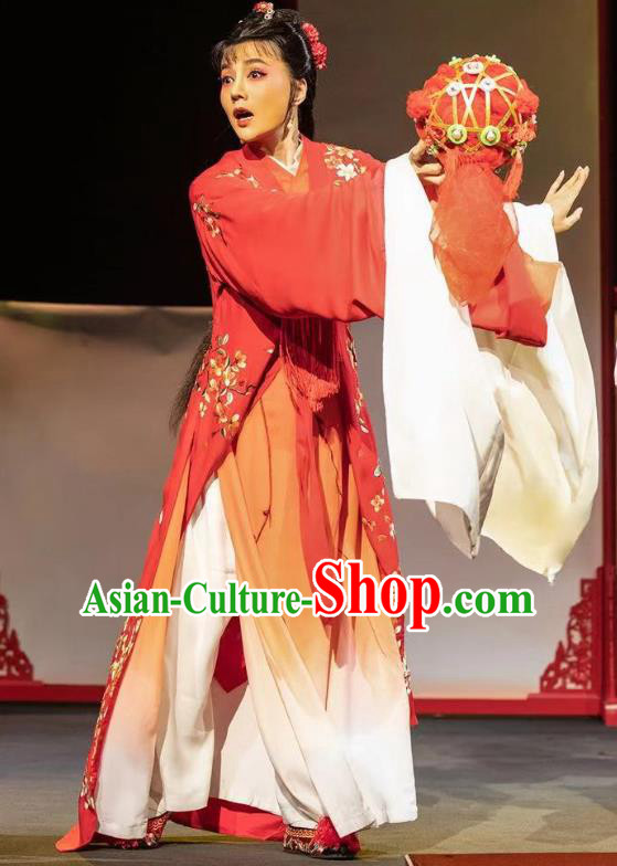 Chinese Huangmei Opera Xue Lang Gui Wang Baochuan Garment Costumes and Headpieces Traditional Anhui Opera Actress Red Dress Young Female Apparels