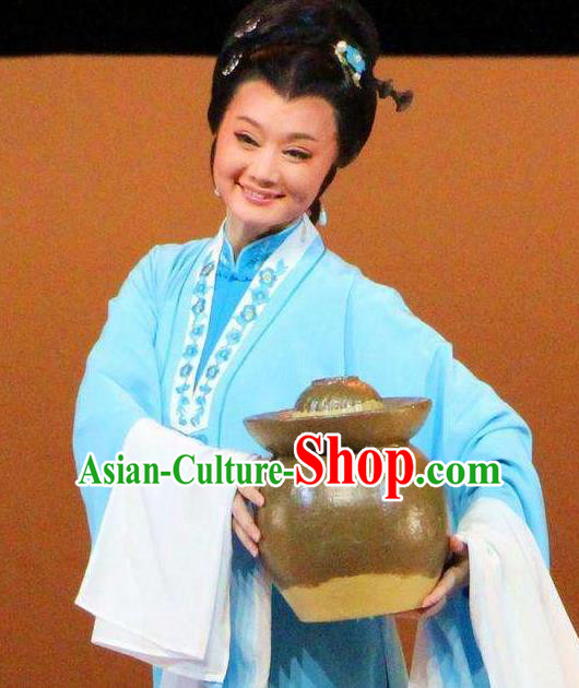 Chinese Huangmei Opera Dame Garment Costumes and Headpieces Censor Lady Traditional Anhui Opera Elderly Female Blue Dress Apparels