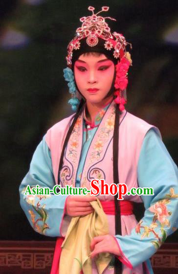 Chinese Ping Opera Servant Girl Apparels Costumes and Headdress Zhen Zhu Shan Traditional Pingju Opera Young Lady Dress Garment