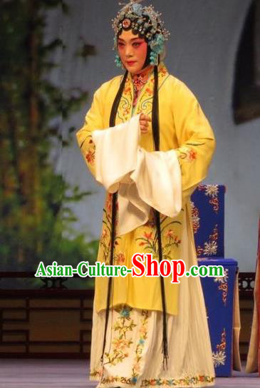 Chinese Ping Opera Diva Wang Sanqiao Apparels Costumes and Headdress Zhen Zhu Shan Traditional Pingju Opera Hua Tan Yellow Dress Garment
