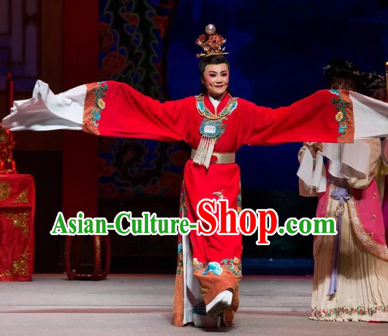 Chinese Shaoxing Opera Xiao Sheng Apparels Dream of the Red Chamber Garment Costumes Yue Opera Young Male Jia Baoyu Red Robe and Headpieces