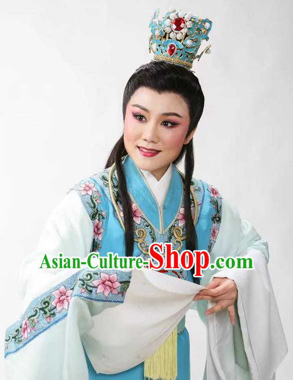 Chinese Shaoxing Opera Niche Jia Baoyu Apparels Dream of the Red Chamber Garment Costumes Yue Opera Young Male Blue Robe and Headpieces