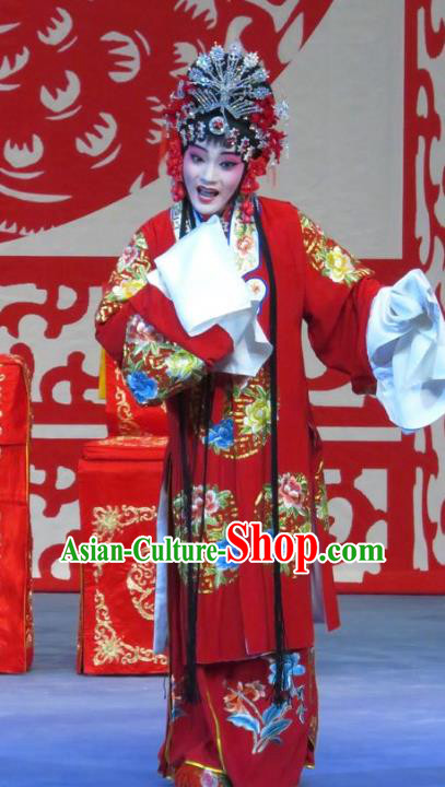 Chinese Ping Opera Bride Li Yue E Flower a Matchmaker Wedding Apparels Costumes and Headdress Traditional Pingju Opera Hua Tan Red Dress Garment