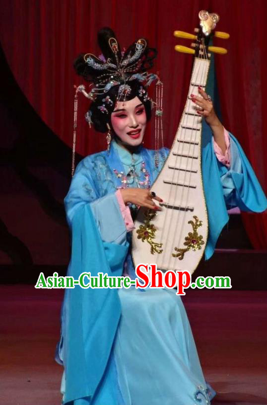 Chinese Ping Opera The Beautiful Courtesan Du Shiniang Costumes Apparels and Headpieces Traditional Pingju Opera Hua Tan Blue Dress Garment