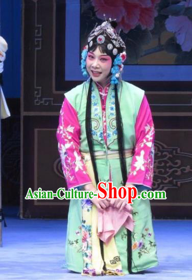 Chinese Ping Opera Xiaodan Apparels Costumes and Headpieces Traditional Pingju Opera San Kan Yu Mei Servant Girl Green Dress Garment