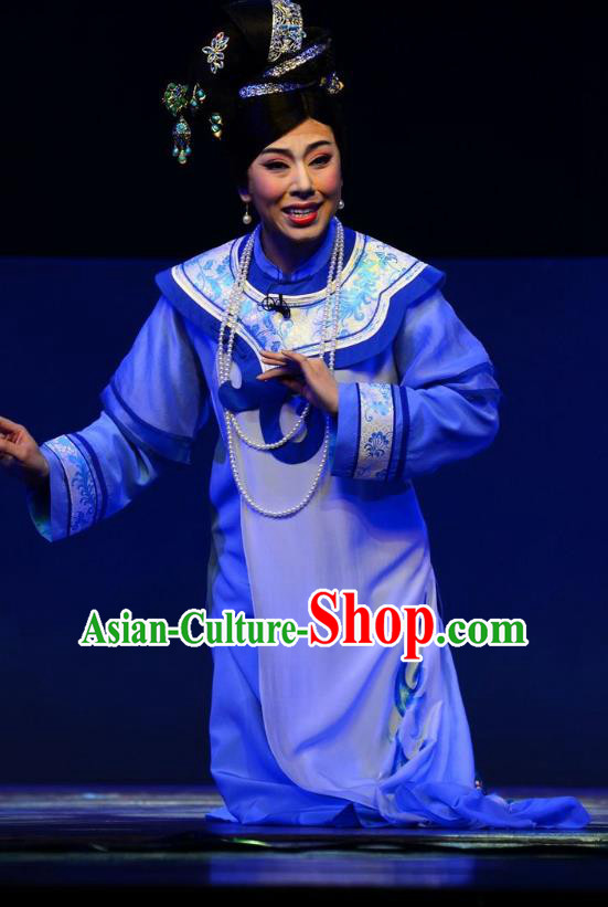 Chinese Ping Opera Palace Lady Costumes Apparels and Headdress Xiaozhuang Changge Traditional Pingju Opera Qing Dynasty Blue Dress Garment