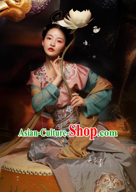 Chinese Traditional Tang Dynasty Flying Apsaras Dance Hanfu Dress Ancient Palace Lady Embroidered Apparels Historical Costumes Complete Set
